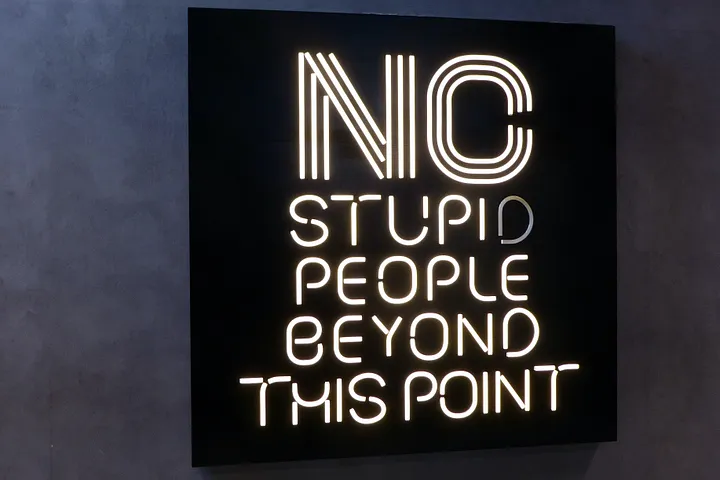 Neon sign reading No Stupid People Beyond This Point