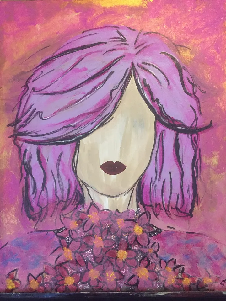 Painting of faceless woman with purple hair and flowered dress