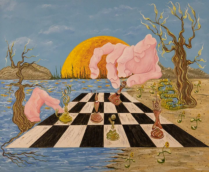 The Gene Stout painting, Protege. Surreal hands play across a chessboard