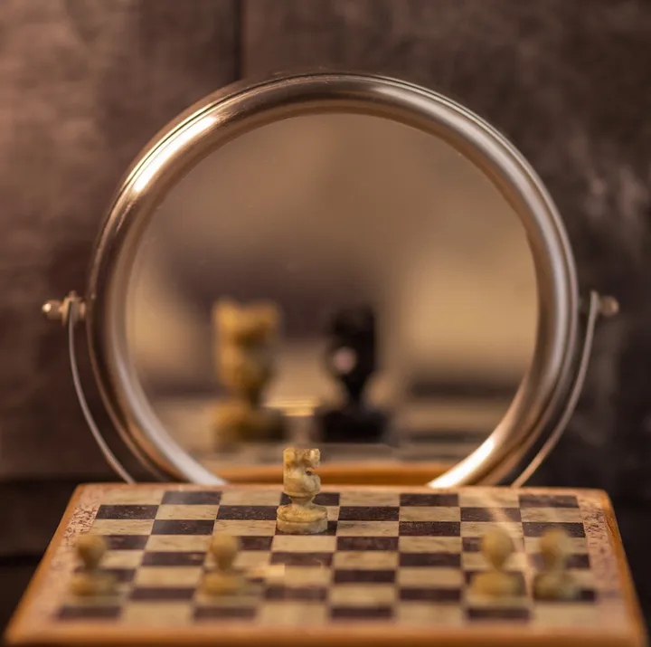 Reflection of a chessboard with a black knight only appearing in the reflection but not on the chessboard