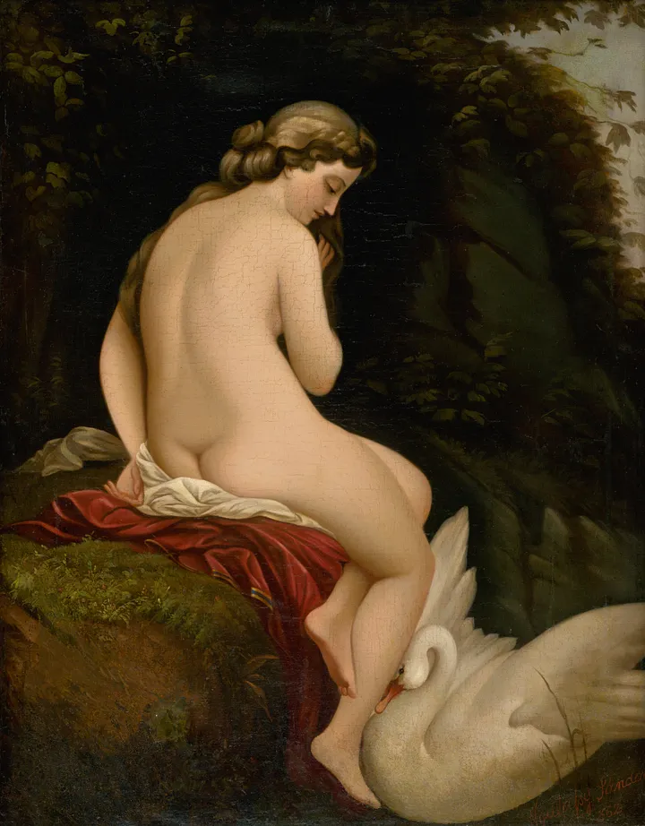 Painting of nude woman with swan