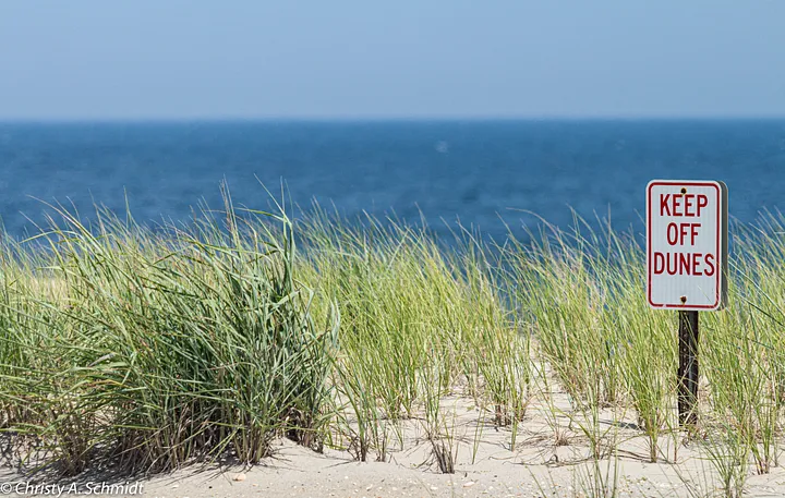 Keep off the dunes sign in sea grass overlooking ocean