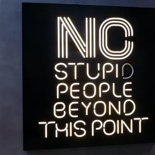 Neon sign reading No Stupid People Beyond This Point