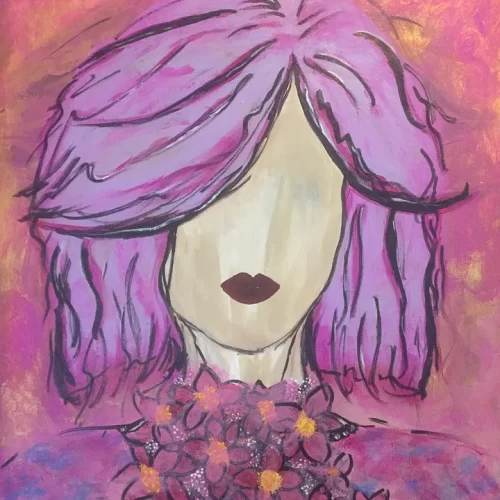 Painting of faceless woman with purple hair and flowered dress