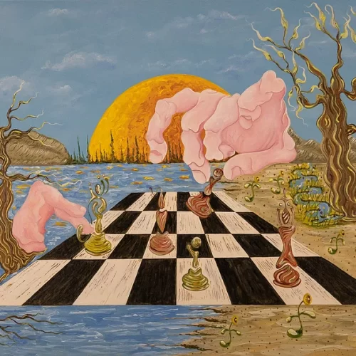 The Gene Stout painting, Protege. Surreal hands play across a chessboard