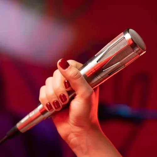 Close up of woman's hand holding a microphone.