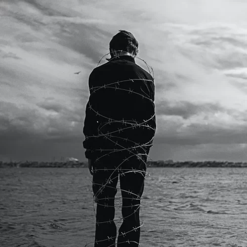 The back of a man bound by barbed wire at the edge of the ocean