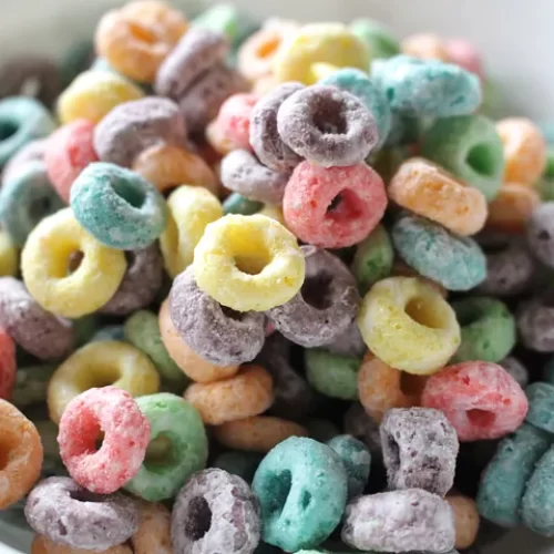 Close up of colored O cereal